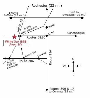 Map showing location of White Oak B&B in Avon, NY